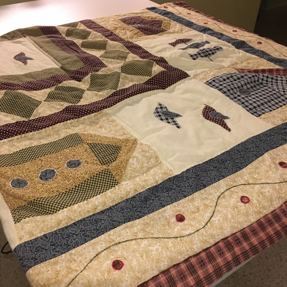Large Handmade Quilt With Birds and Houses